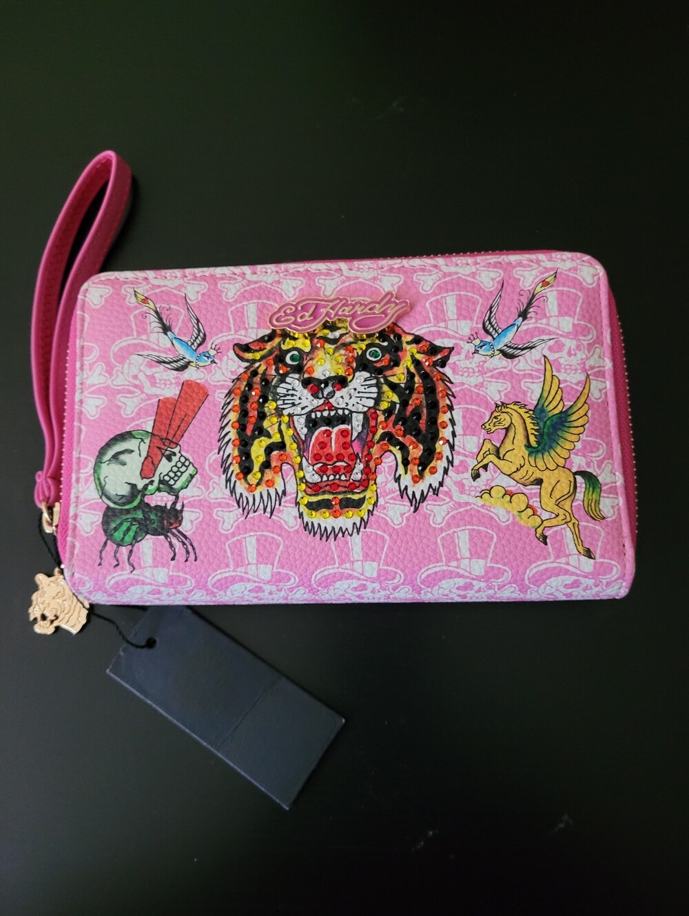 Ed Hardy Pink Tattoo-Print Zip Wristlet Wallet with Tiger Motif